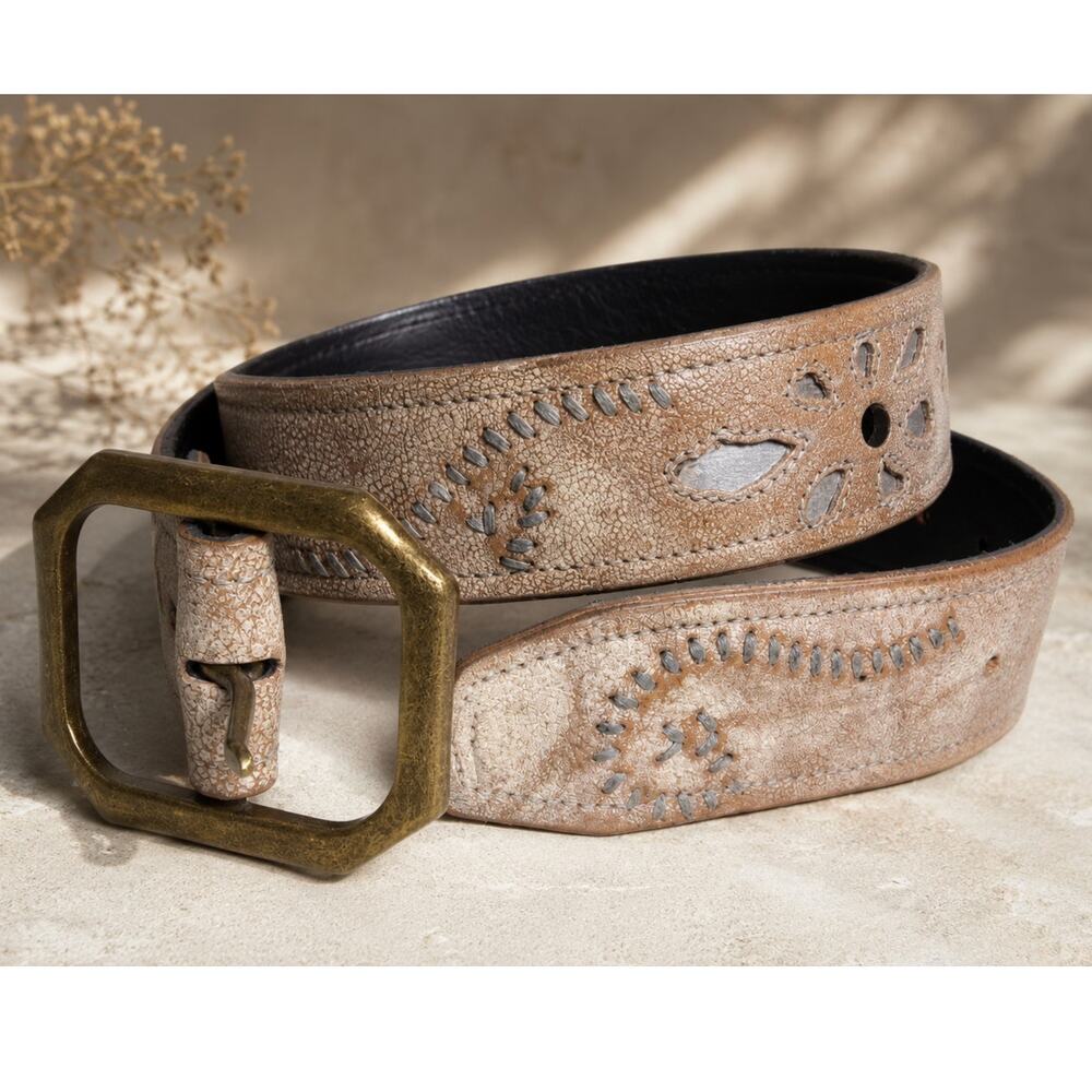 Bed Stu Cobbler Series Leather Belt Metallic Floral Cutout Brass Buckle XS Boho